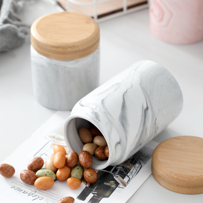 2Pcs Marmer Keramische Verzegelde Potten En Bamboe Deksel Keuken Opslag Kan Bulk Container Voor Kruiden Voedsel Spice Koffie Suiker flessen