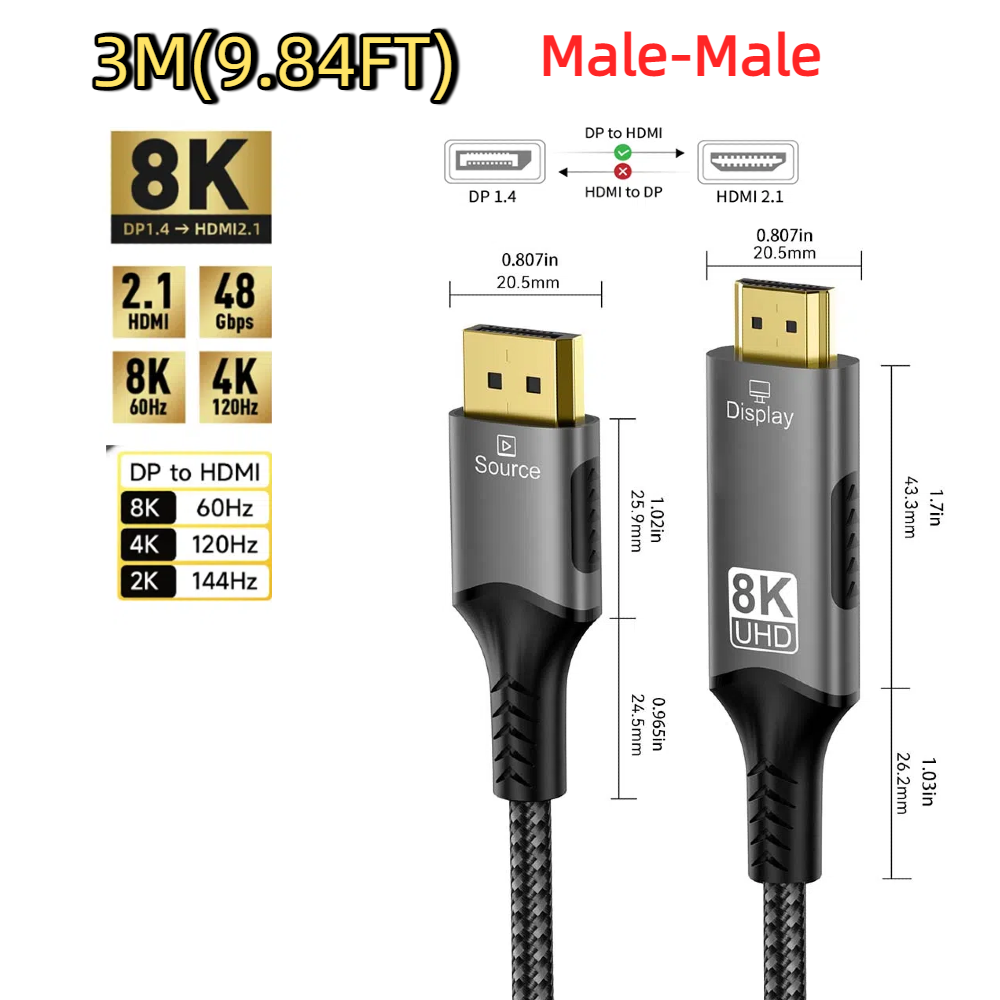8K@60Hz DP1.4 to HDMI 2.1 Converter 4K@120Hz Ultra Speed 48Gbps Compatible Cable For Desktop Laptop PC TV Monitor Projector: green