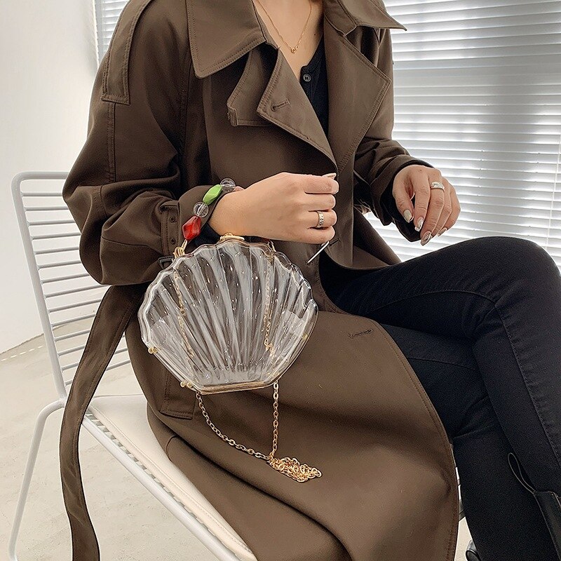 Bolso de mano de de plástico transparente con forma de concha para mujer, bandolera de boda, bolso de hombro con cadena