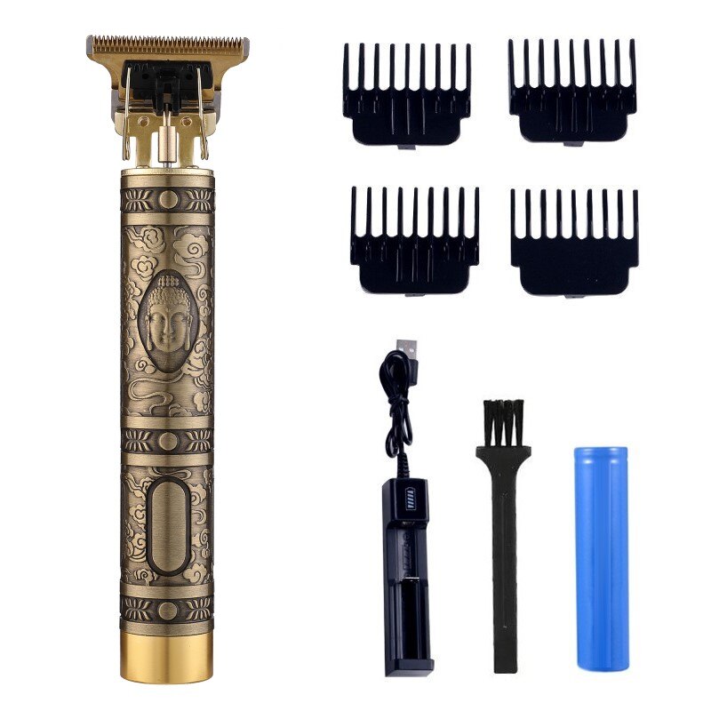 Maquinilla de afeitar de peluquero para hombres, afeitadora recargable estilo Retro T9 con cabezal de aceite, cortadora de pelo inalámbrica para niños, afeitadora de estilismo para mascotas: Golden buddha head