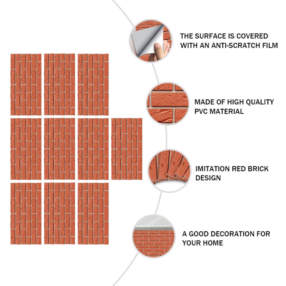 10Pcs Red Brick Stickers Kitchen Bathroom Wall Stickers Vintage Wall Murals