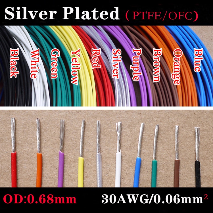 OD 0,68mm 30AWG PTFE Silber Überzogene Draht Isolierte Hohe Temperatur Weichen Elektron Kabel OFC Kupfer DIY Kopfhörer Einzigen Linie