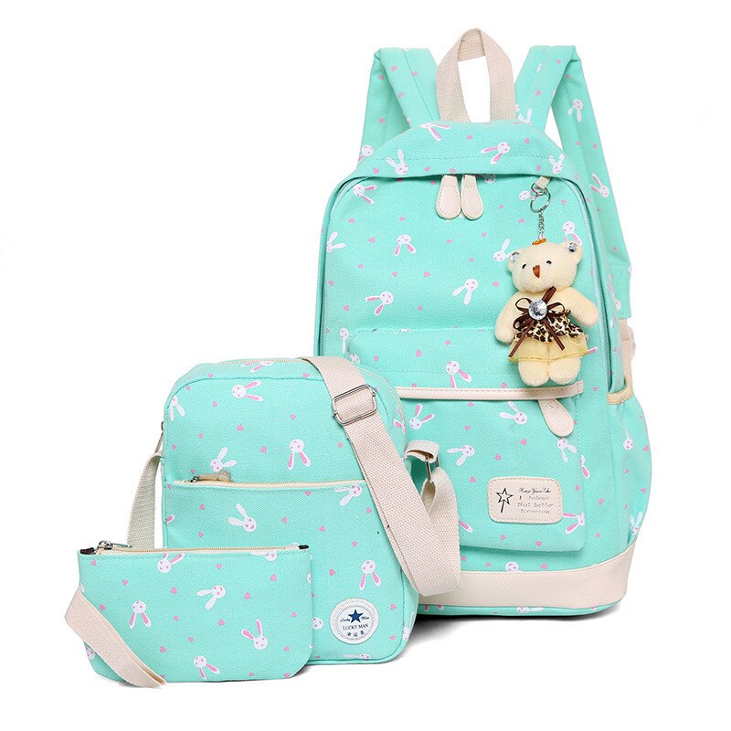 3Pcs/set Women Backpack School Bags Rabbit print Laptop Backpacks With Bear for Teenagers Girls Travel Bag Rucksacks Mochila