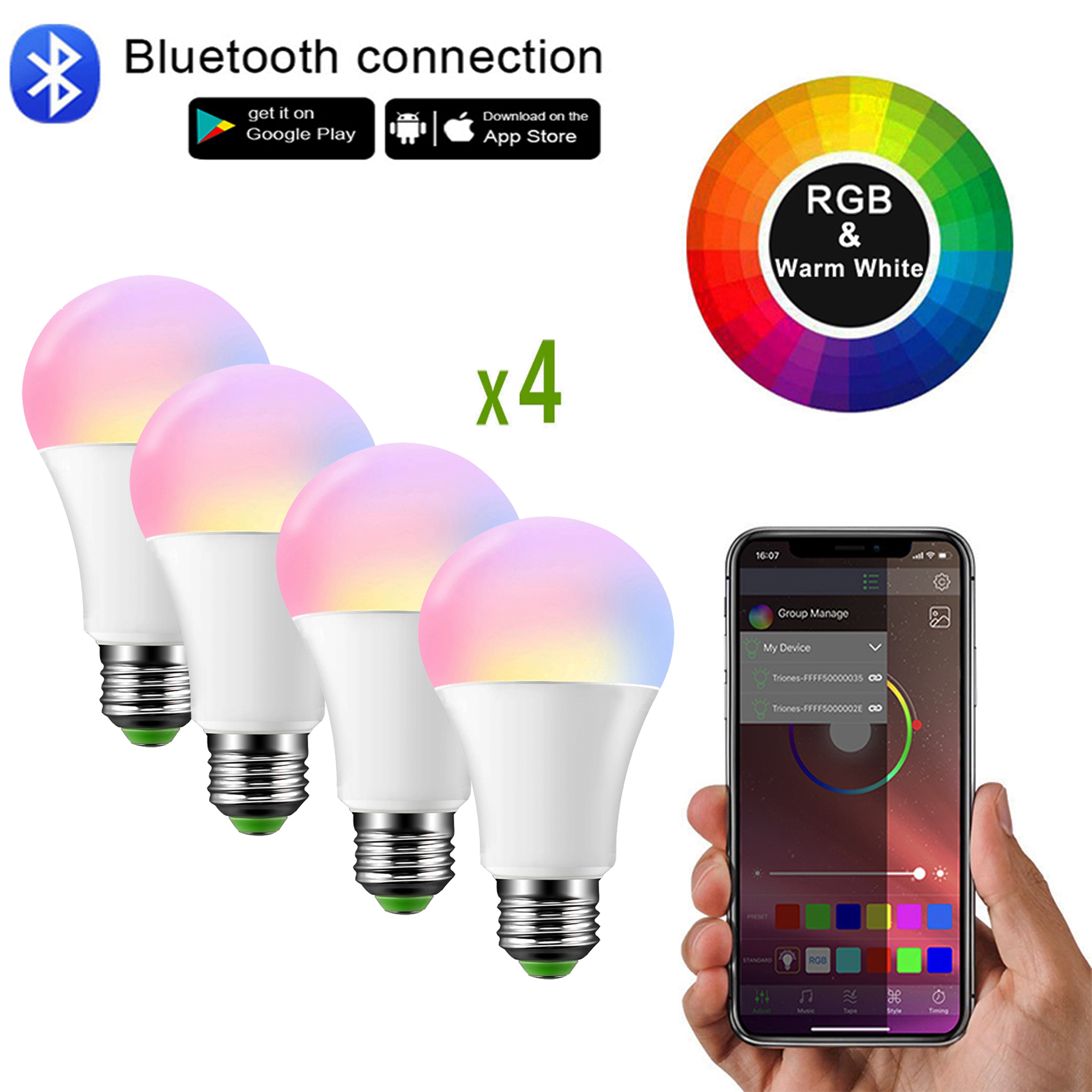 4 Stuks Smart Lamp Bluetooth Lamp E27 Gekleurde Licht 15W Dimbare Rgb Led Lamp B22 Gecontroleerd Door App, sync Naar Muziek, Voor Thuis