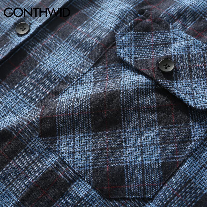 GONTHWID-camisas a cuadros de manga larga con bolsillos delanteros para hombre, ropa informal de Hip Hop, ropa de calle, camisas, abrigos, camisetas Harajuku