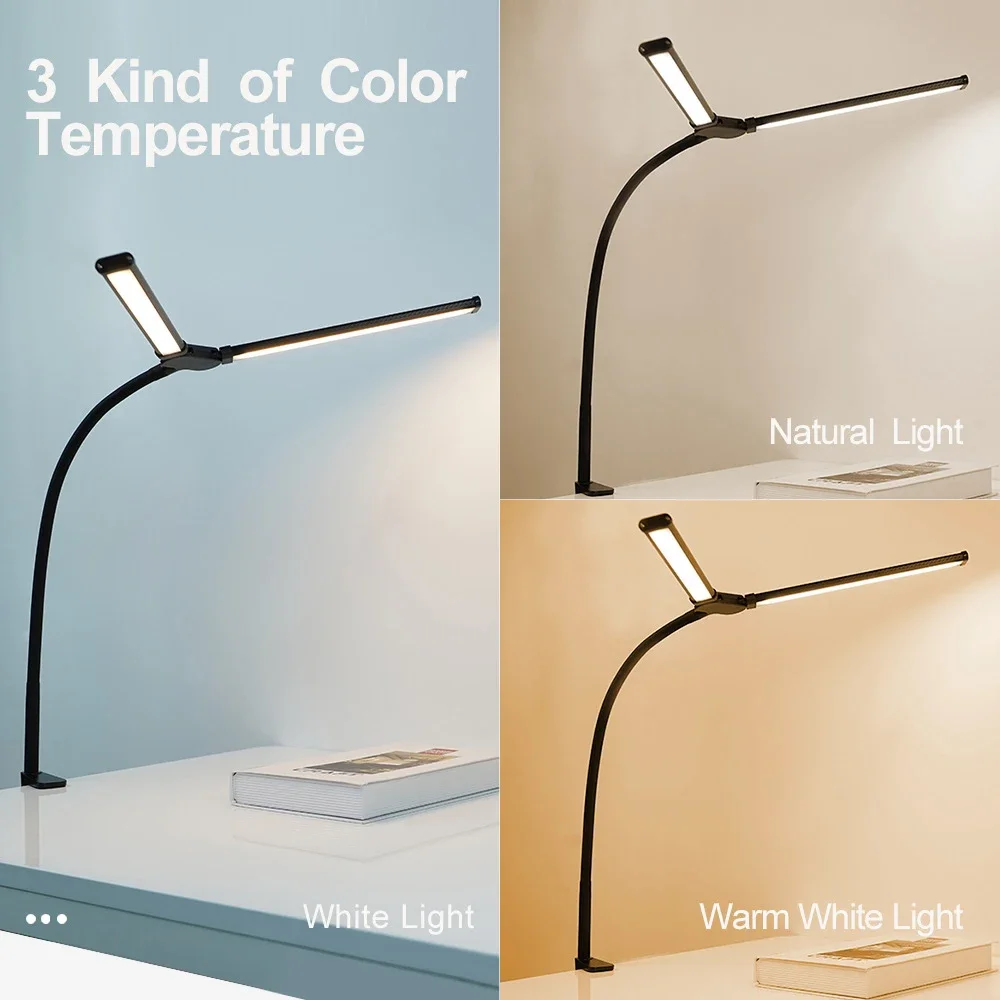 Lampada da scrivania per protezione degli occhi a doppia testa Luce regolabile a 10 livelli Clip LED da 10 W Collo di cigno flessibile Illuminazione per ufficio domestico Luci da scrivania