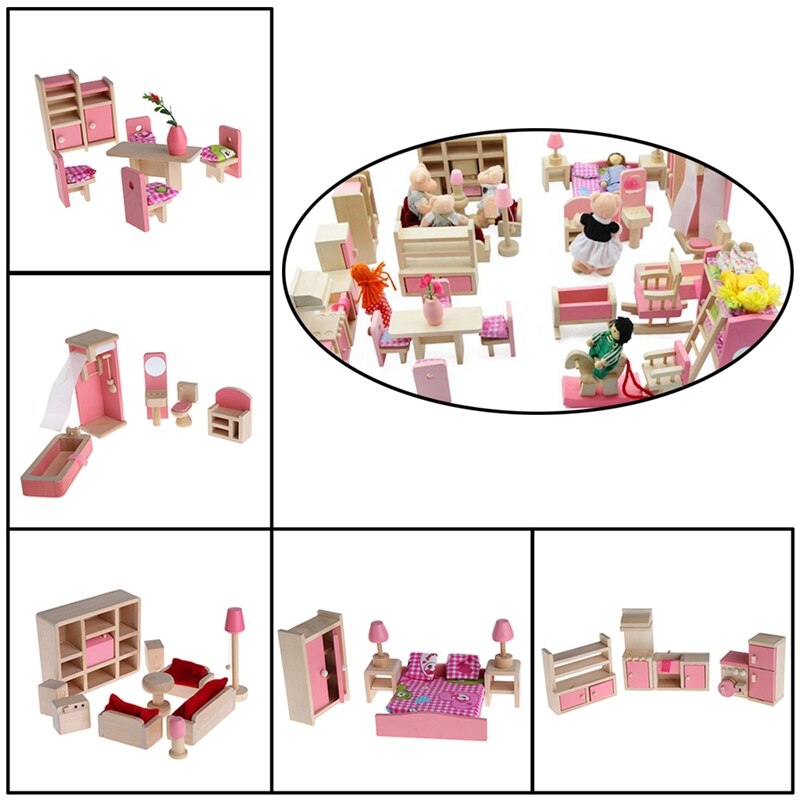 Kid Wooden Furniture Dolls House Miniature 5 Room Set Bedroom/Kitchen/Bathroom/Dinning/Living Room HBB