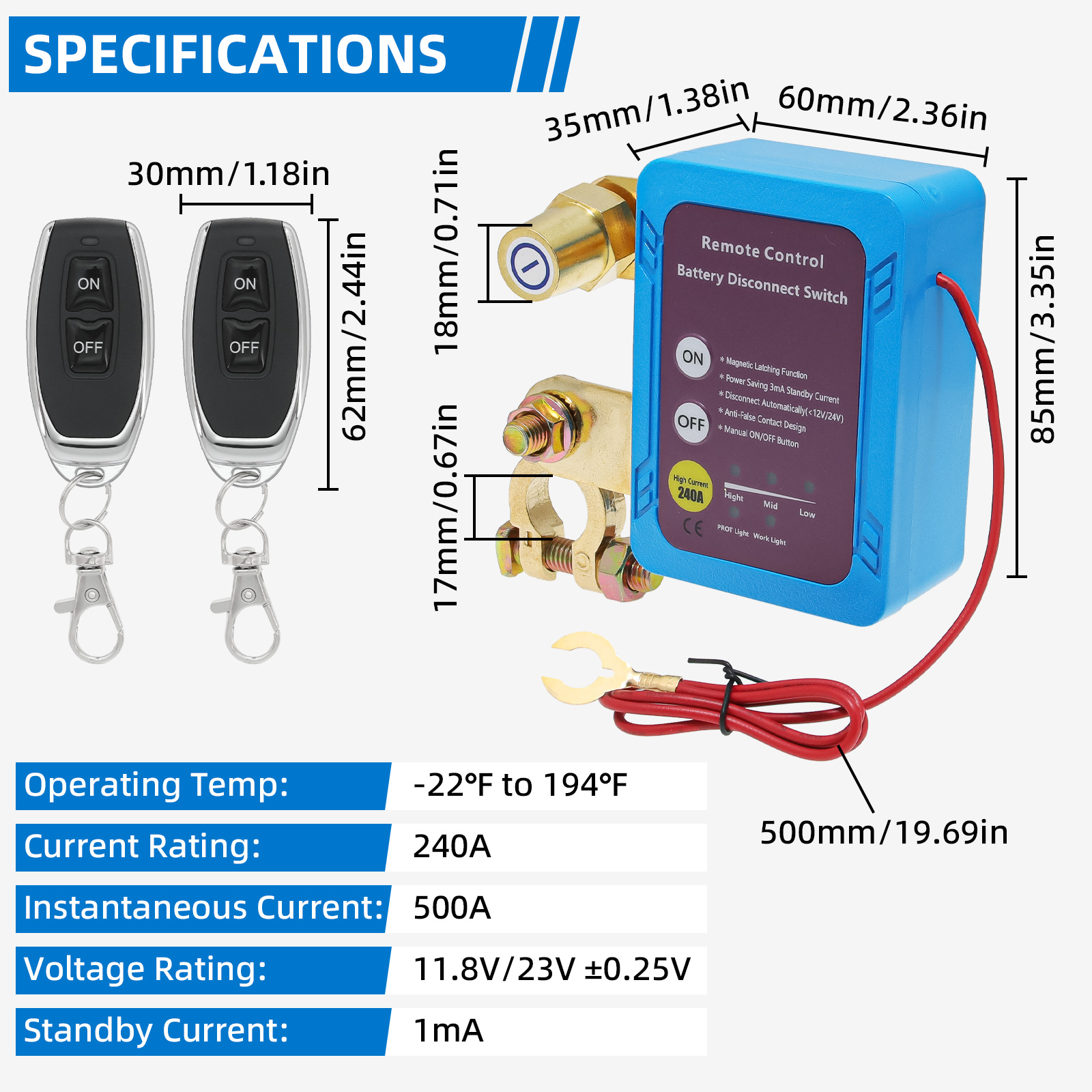 12V 240A Shut Off Cut Off Kill Switch Battery Disconnect Power Switch with Remote Control Switch for Car Truck