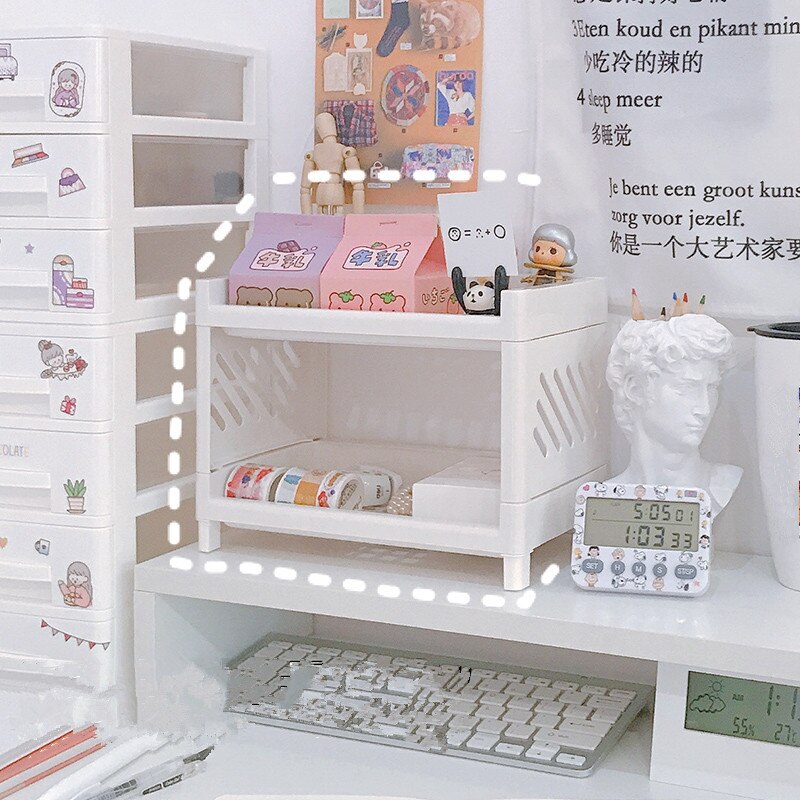 Two Layers White Plastic File Document Tray Cosmetic Rack Pencil Pen Sundries Mesh Book Shelf Holder Office Stationery Organizer