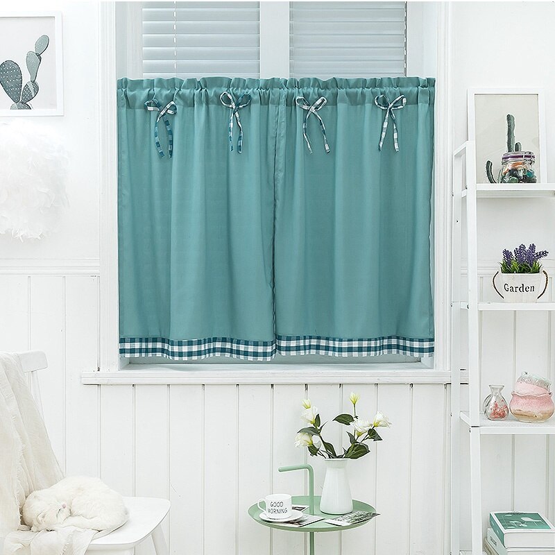 Bay Window Curtains Grid Short Curtain for Kitchen Cabinet Door Separate Panel Bow-knot Decor Drapes Cozy Cafe Bar Half-Curtain