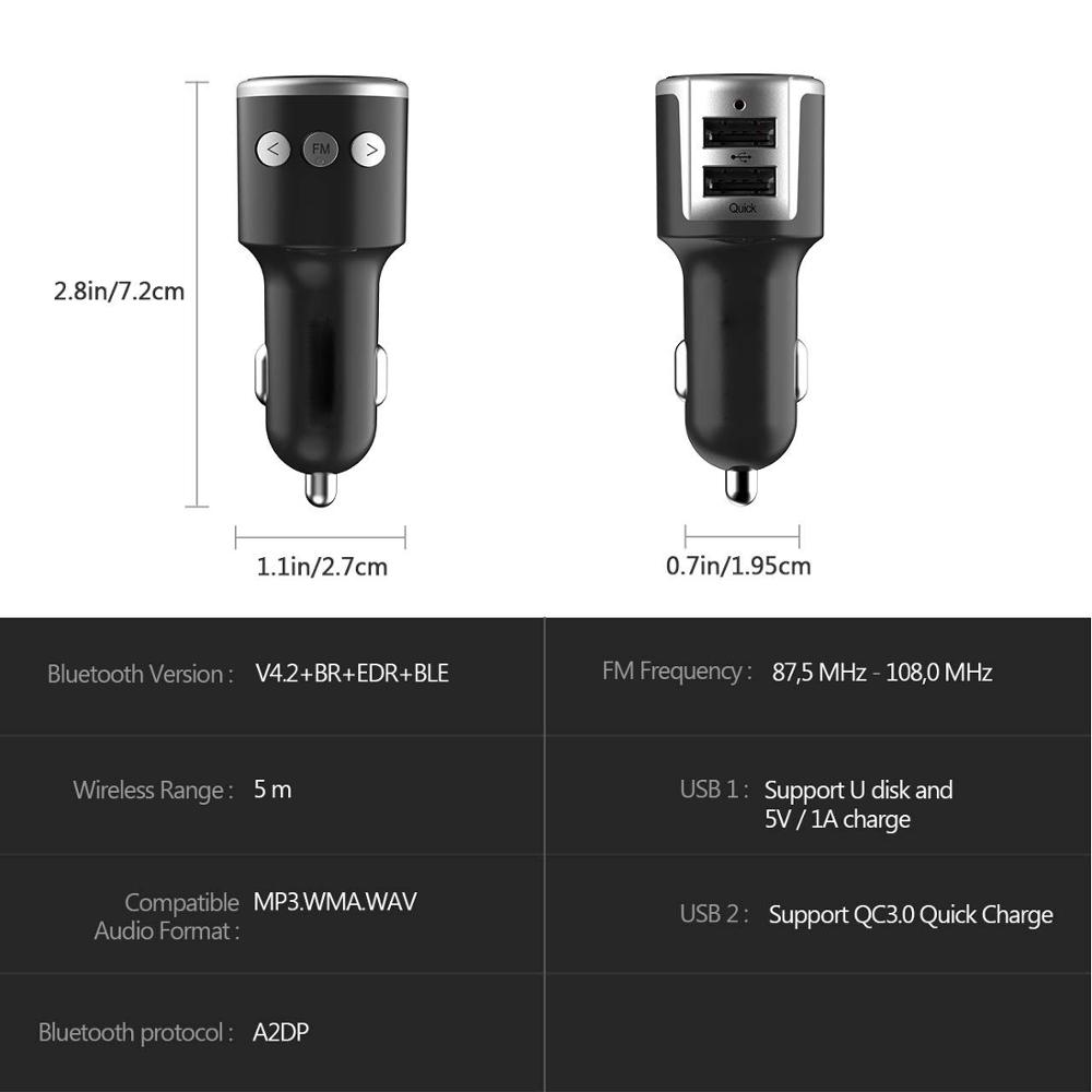 Jilang Auto Bluetooth Fm-zender Draadloze Radio Adapter Muziek MP3 Speler Carkit Handsfree Gesprekken met QC3.0 Dual USB lading