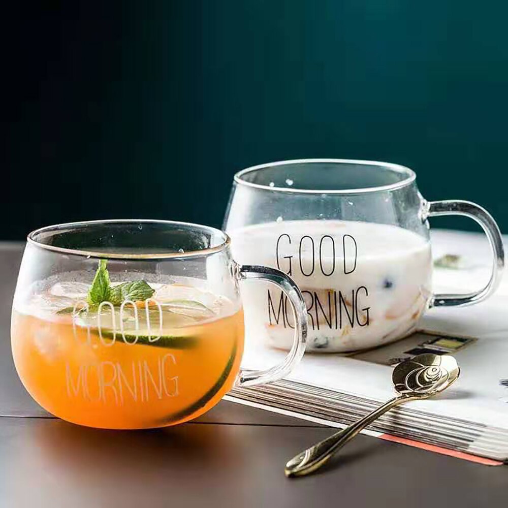 Vidrio vientre tazas Estilo corto transparente desayuno taza de alta temperatura resistencia creativa café té de la leche de yogur de avena tazas