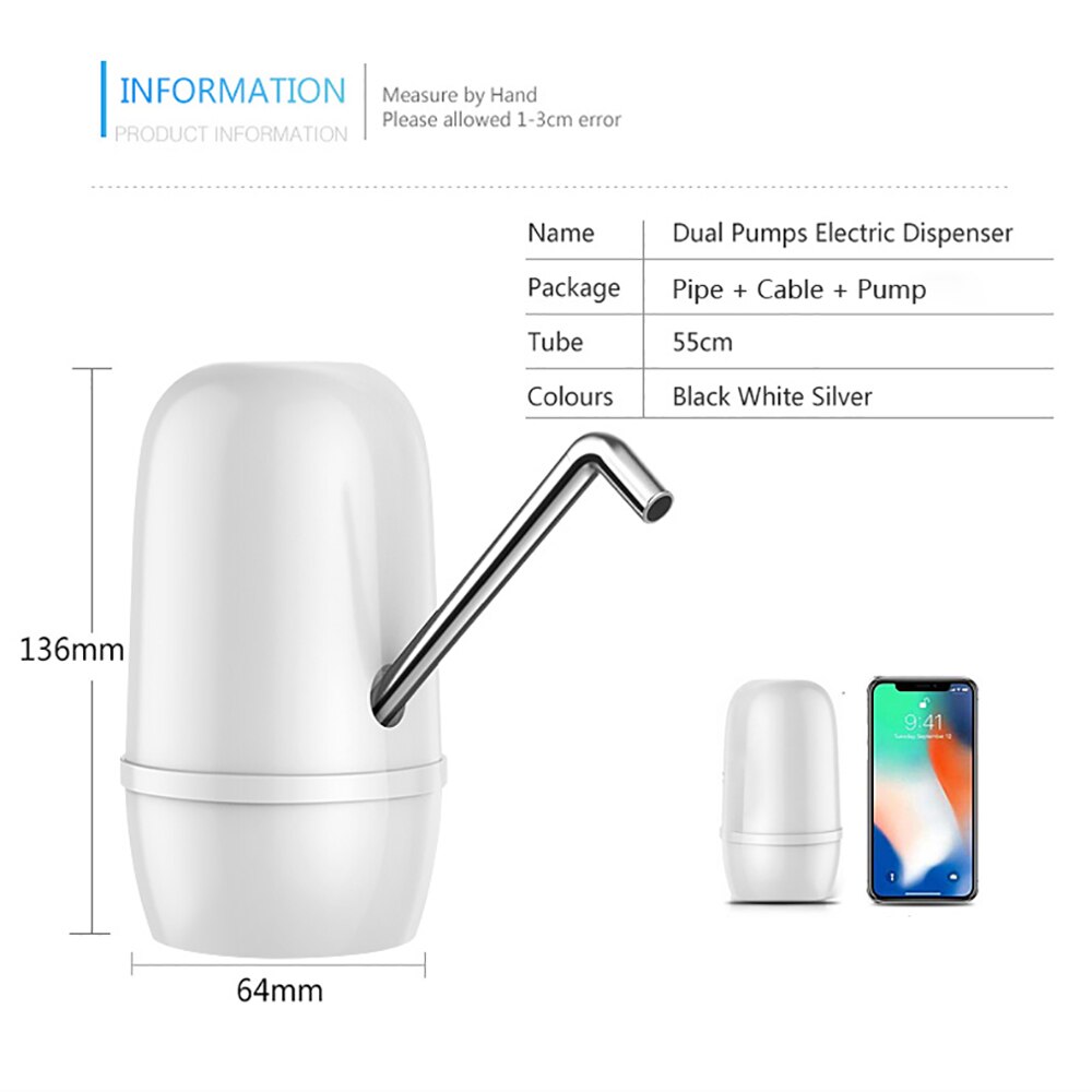 Mini Water Dispenser Stainless Steel Pipe Powerful Dual Pumps Rechargeable Automatic Electric Gallon Water Bottle Pump Dispenser