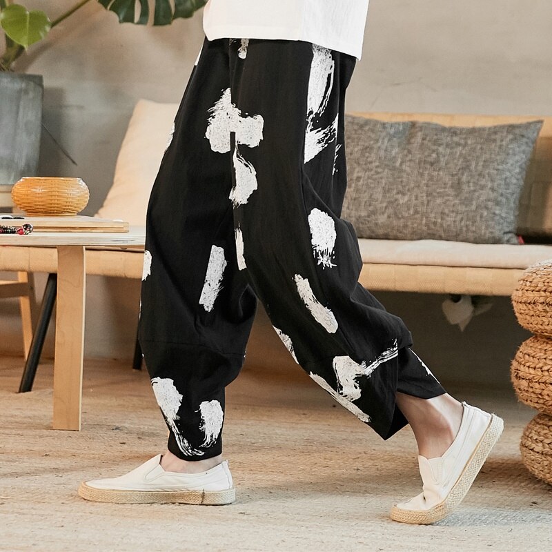 Kimono spodnie Streetwear chińskie tradycyjne ubrania dla mężczyzn szerokie nogawki japońskie spodnie lniane Baggy Hippie spodnie męskie 10627