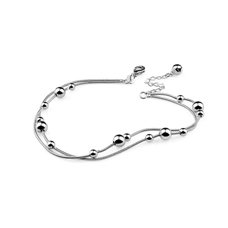 Fußkettchen für Frauen Kette 925 Sterling Silber Weibliche Einfache Fuß Schmuck Bein Stiefeletten Armbinde Doppel Runde Perle Mädchen Fußkettchen