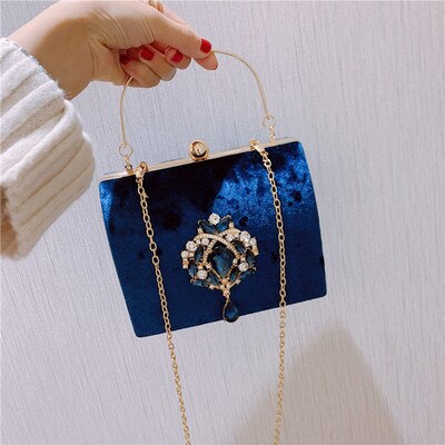 Luxury Boxed Evening Bag Velvet Retro Square Handbag Female Diamond Clutch Bag Gold Wedding Party Purse: blue