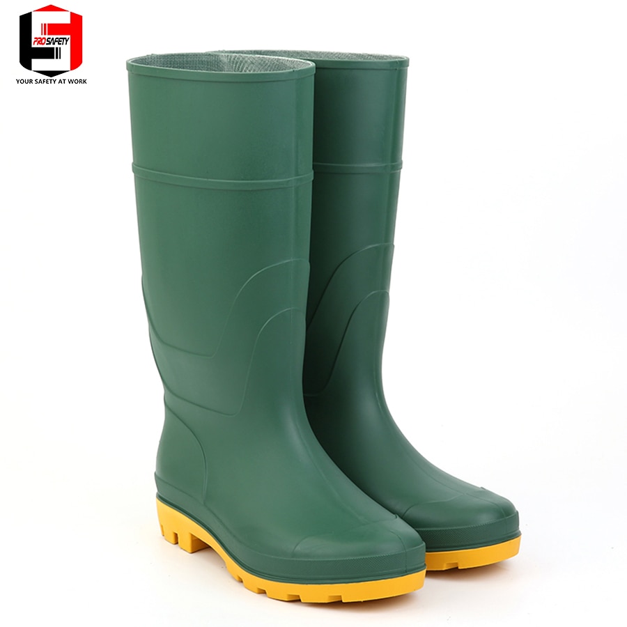 pvc rain boots for farming Green color yellow sole of shoe Industrial Safety Boots top low price waterpoof gum boots