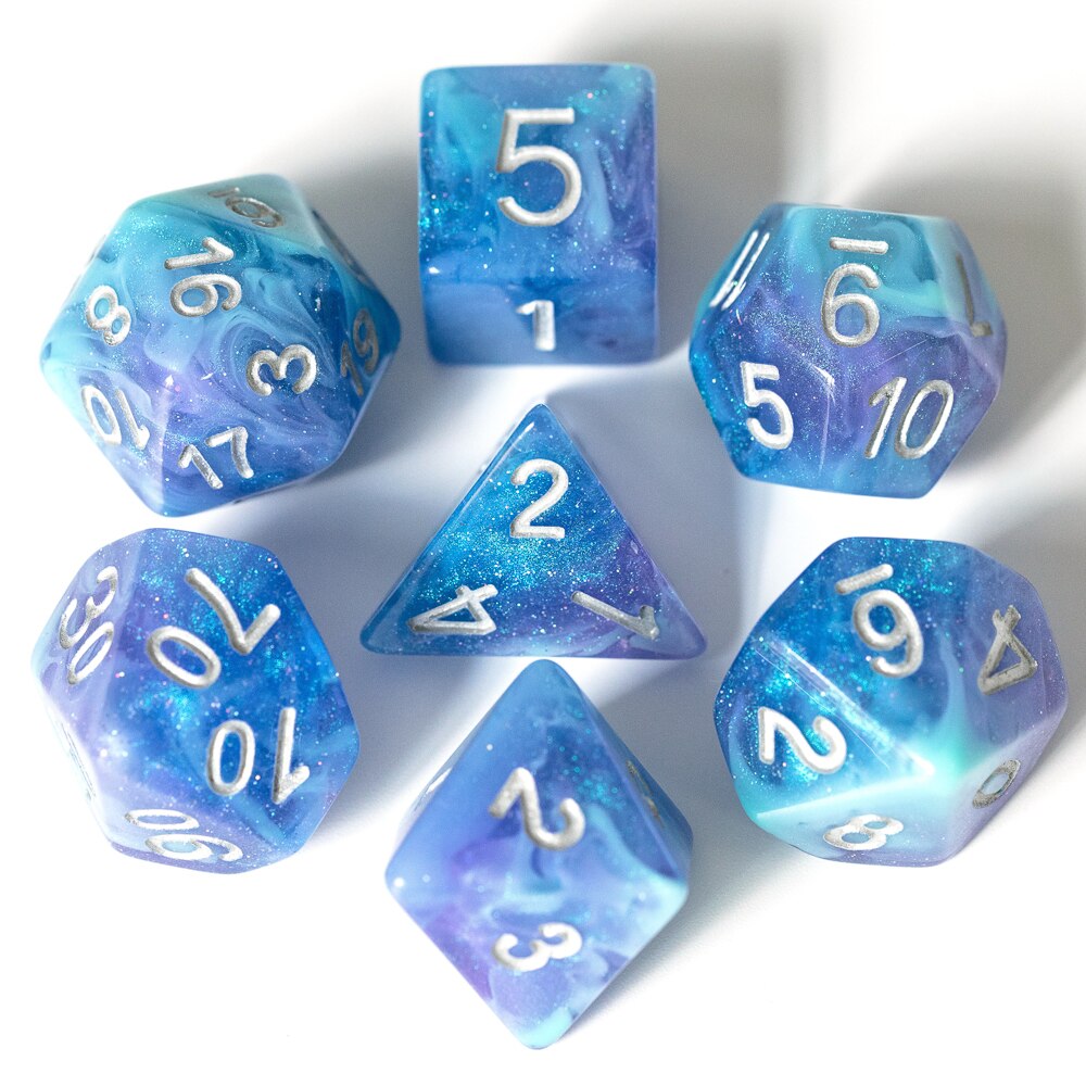 7 stk/sæt sparkle galaxy dnd terninger d&d terninger  d4 d6 d8 d10 d% d12 d20 polyedriske spil terninger sæt til bordspil mtg rpg: Ga05 lilla blå