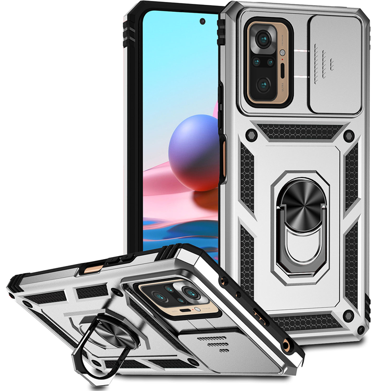 Voor Xiaomi Redmi Note 10 Pro Case Cover Redmi Note 10 Pro Capa Slide Camera Lens Schokbestendige Ring Houder Fundas Redmi Note 10 Pro: Zilver