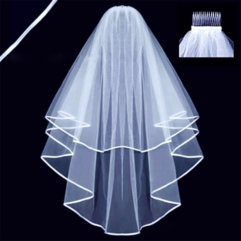 Velo de novia corto y sencillo de tul de dos capas con peine, velo de novia blanco marfil para novia, accesorios de boda