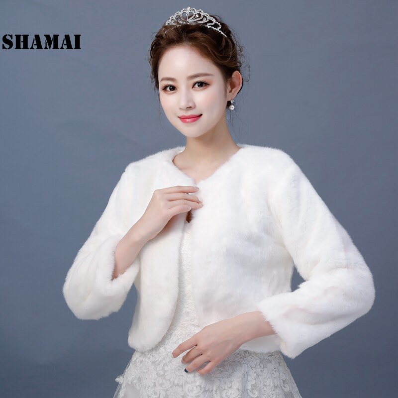 Faux Fur Wedding Jacket 3/4 Sleeves Bridal Coat Fall Winter Warm Bride Bolero In Stock Ivory Wedding Accessoriies