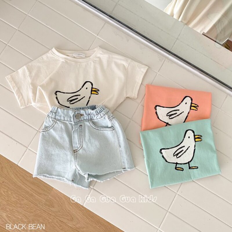 T-shirt à manches courtes pour bébé fille et garçon, en coton, doux, uni et mignon, avec dessin animé de canard, hauts