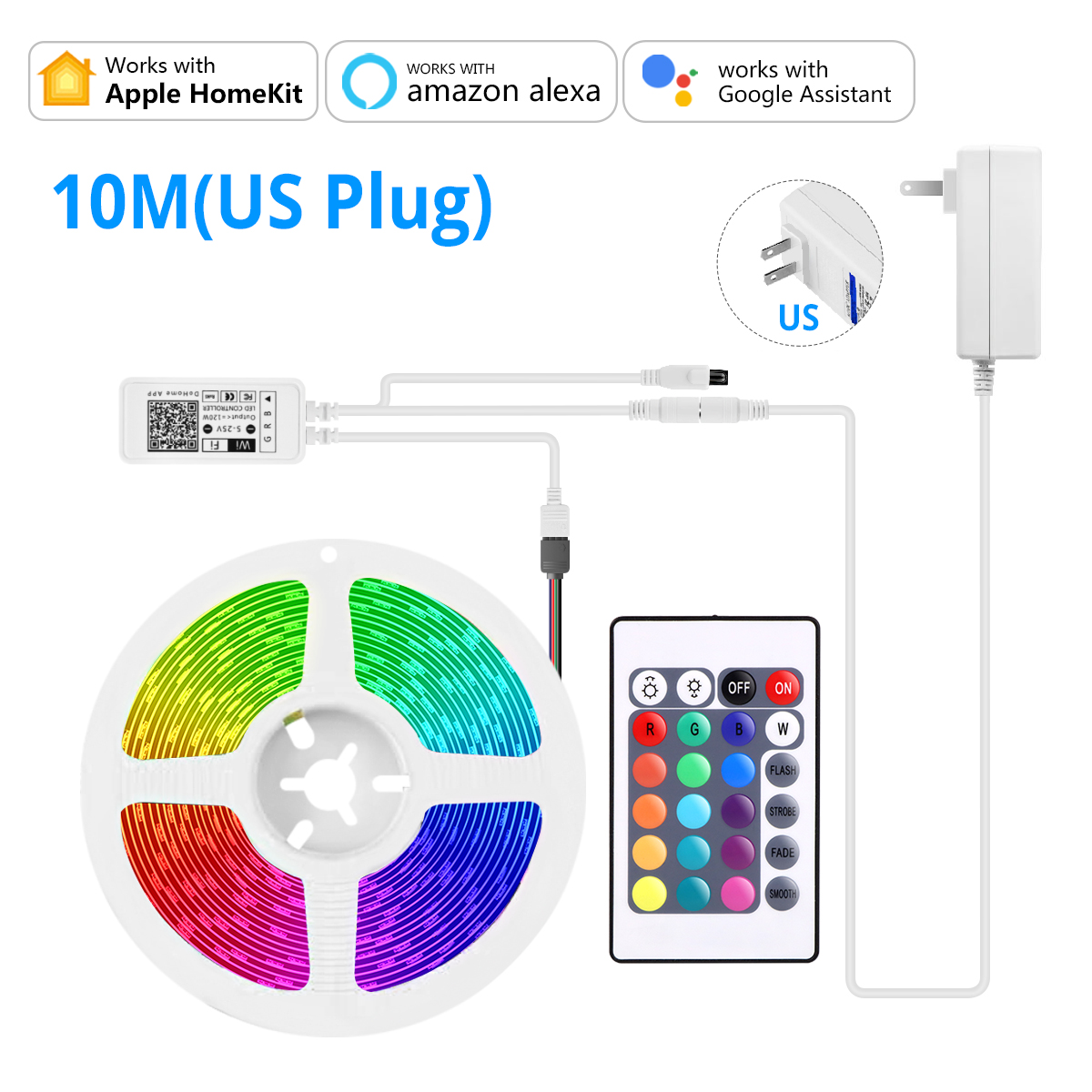 Homekit fita de luz led rgb wi-fi siri, controle por voz, fita neon, decoração de sala, funciona com alexa, google, apple home kit: 10M Set With US Plug