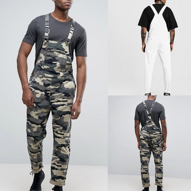 Mens Bib Overall Pants Lightweight Casual Loose Fit Walkshort Jumpsuit Button Denim Rompers Camouflage Overalls Hole Jeans