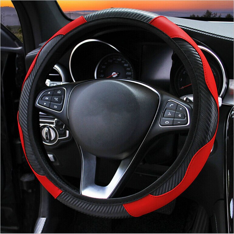 Protector de cuero y fibra de carbono para volante de coche, para peugeot 307 206 308 3008 306 407 205 508 406 1007: Rojo