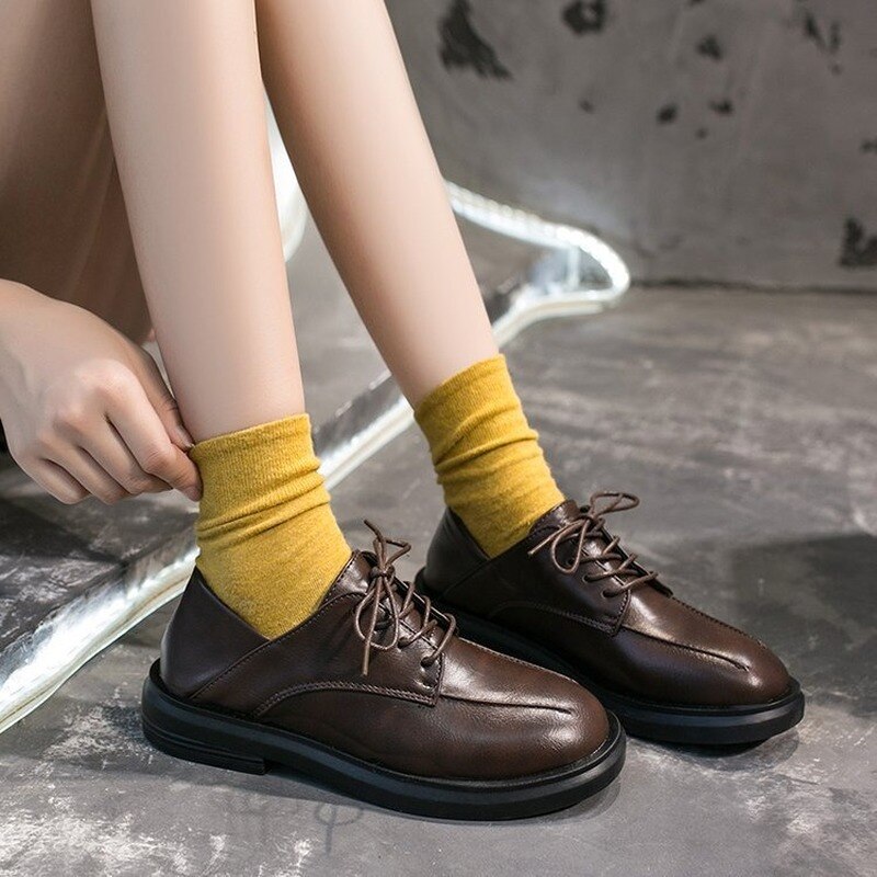 Stevige leren casual schoenen dames flats vetersch... – Grandado