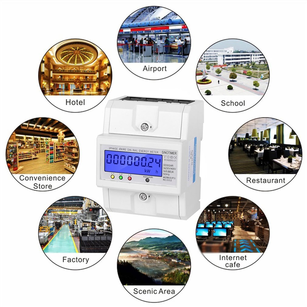 RS485 Modbus Rtu DIN Rail 3 Phase 4 Wire Electronic Wattmeter Power Consumption Energy Meter 5-80A 380V AC 50Hz LCD Backlight