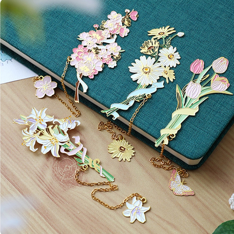 Marcapáginas de flores de tulipán y lirio de cereza de Metal con cadena colgante, divisor de página de libro para amante de libros, de Acción de Gracias de cumpleaños para niña