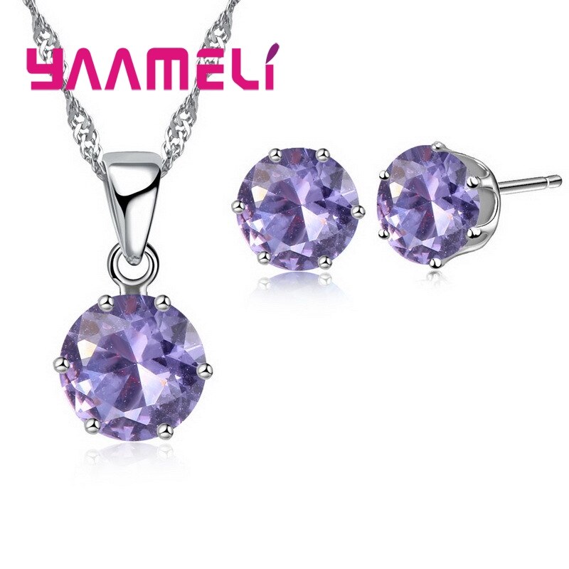 925 Sterling Zilveren Bruids Bruiloft Sieraden Sets Voor Vrouwen Engagement Crystal Hanger Ketting Oorbellen Set: light purple