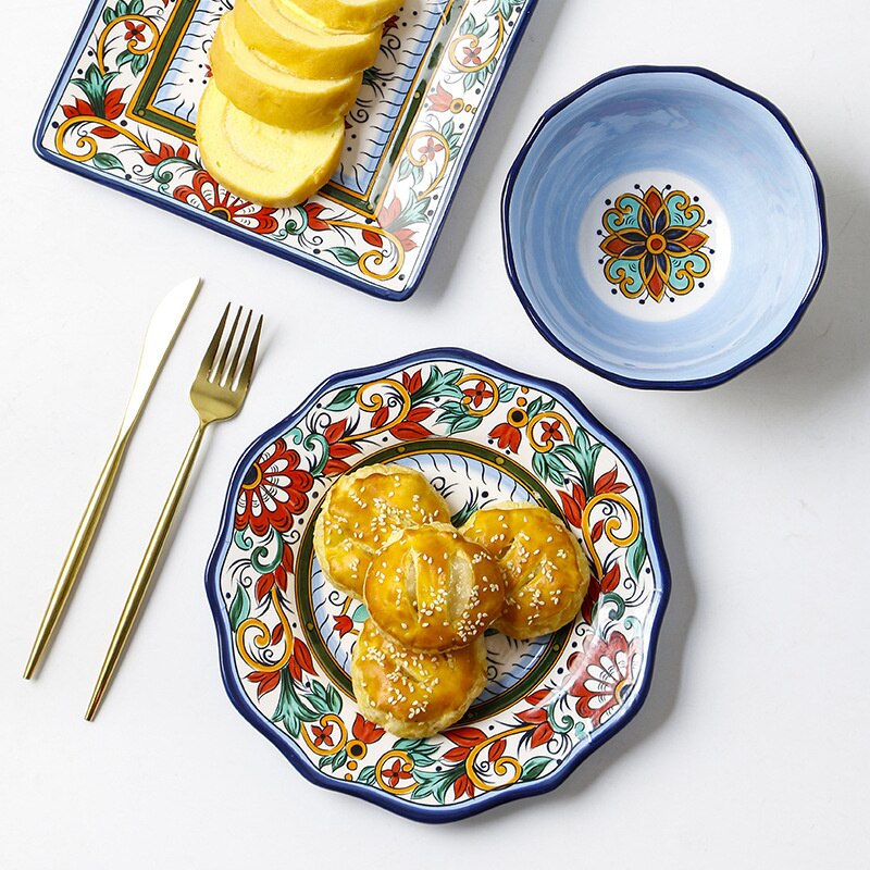 European Style Ceramic Retro Dinner Plates Square Western Food Steak Dishes For Serving Rice Soup Bowl Hand-painted Tableware
