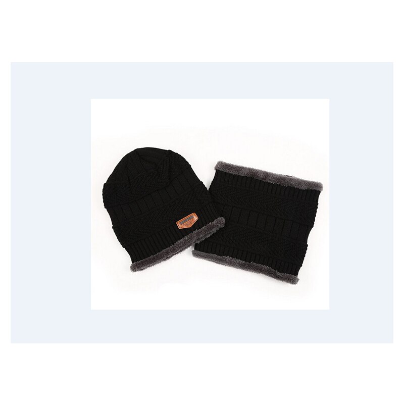 Gorro de Camping para hombre y mujer, gorro de esquí de vellón de lana cálido holgado + pañuelo para el cuello 2 uds, accesorios de invierno: Black