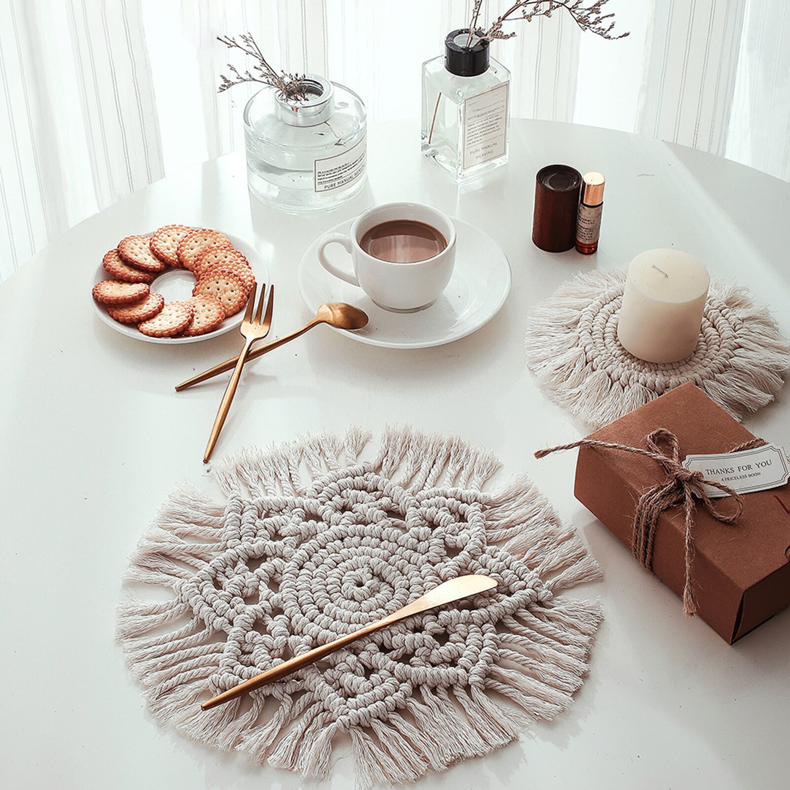 Nordisk rundvävd solrosvärmeisolering macrame placemat kuddeunderlägg