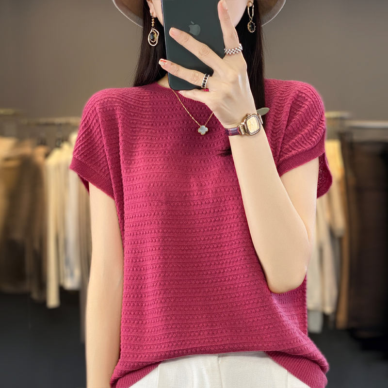 Neue Wolle Lyocell Kurzarm T-shirts Pullover frauen Oansatz Batwing Hülse Pullover Weste Sommer Gestrickte Bodenbildung T-shirt