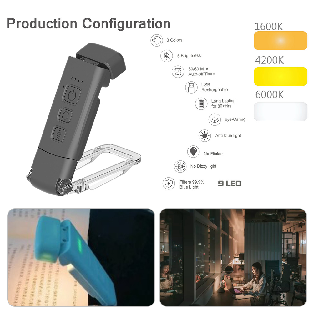 Usb-oppladbar mini-nattlampe øyebeskyttelse bærbar klips skrivebordslampe 500 mah bokleselampe justerbar lysstyrke 15 gir