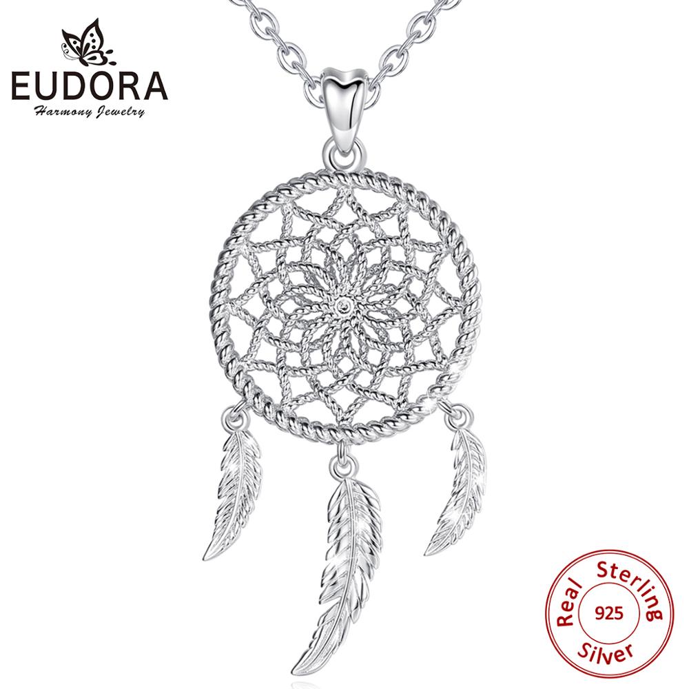 EUDORA Sterling Silver Dream Catcher collar con circonita cúbica clara y 3 plumas boho atrapasueños joyería para mujer D422