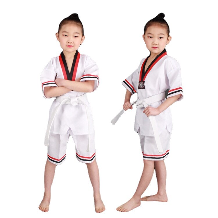 Uniformes de Taekwondo WTF para niños, Blanca para ropa de entrenamiento Karate, Judo, Taekwondo, Dobok, manga corta y larga, Unisex: short sleeve suit / XXS