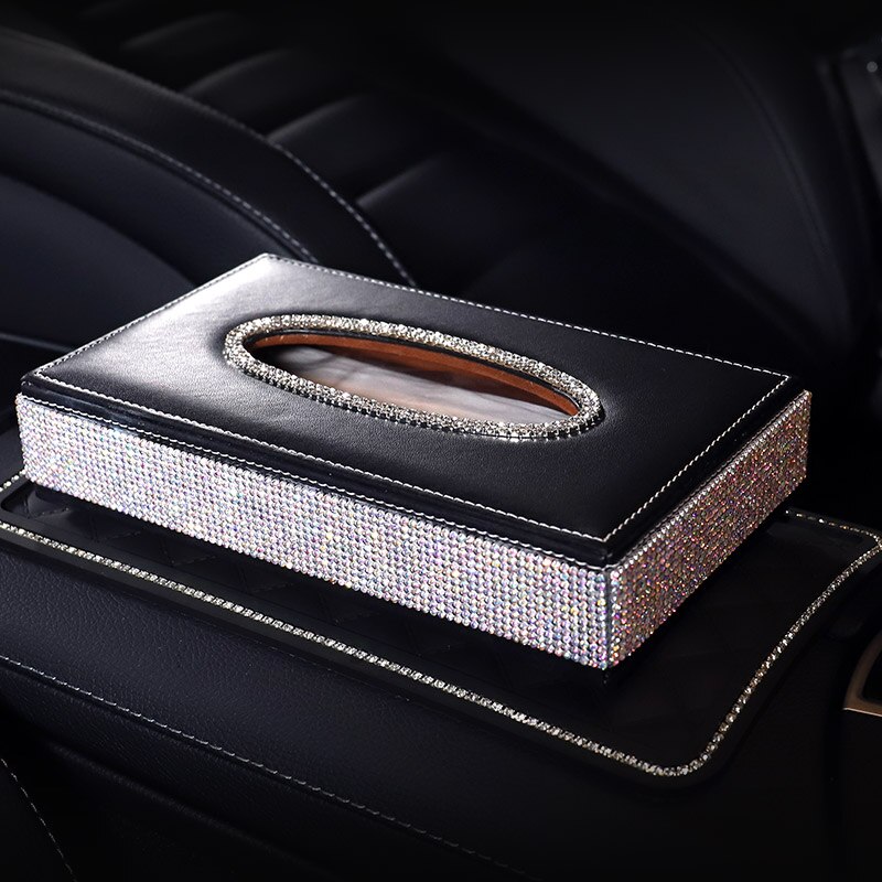 Læder bil tissue box cover serviet holder luksus diamant rhinestone bil assessoires interiør til kvinder piger smukke: Sort med pude