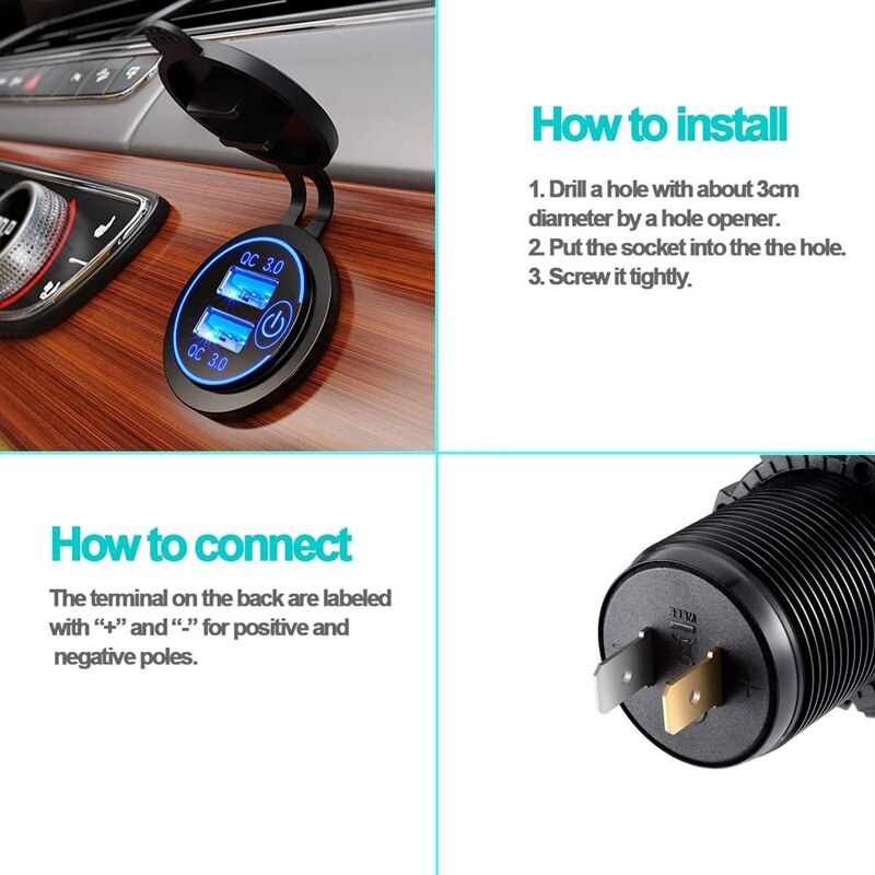 Quick Charge 3.0 Dual USB Car Charger 12V 36W USB Fast Charger with Switch for Boat Motorcycle Truck Golf Cart