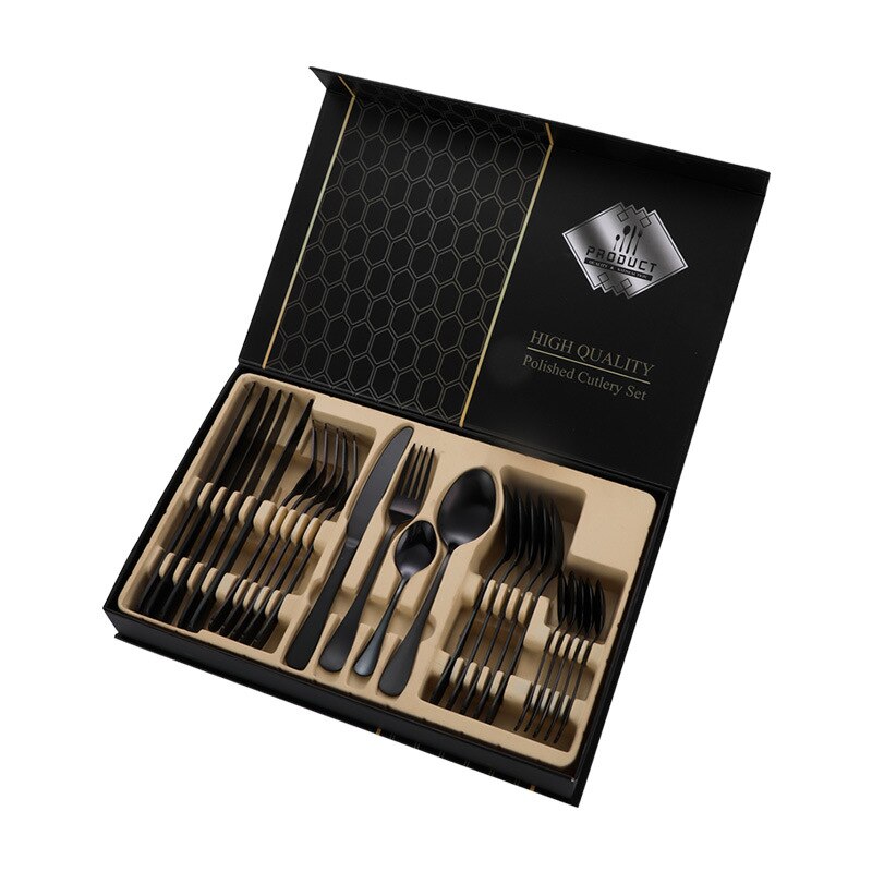 24PCS Western Kitchen Dinnerware Stainless Steel Cutlery Steak Knives Forks Dessert Spoon Tableware Set Box Party Wedding: 24PC Black Box