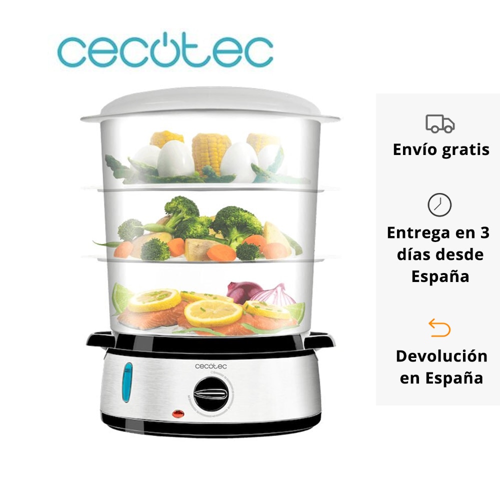 Cecotec Vaporera eléctrica Vapovita 3000 INOX con 800 W, 3 recipientes Independientes, Cuenco para Preparar arroz, Soportes para cocer Huevos, Temporizador 60 Minutos. 2 entradas Laterales de Agua
