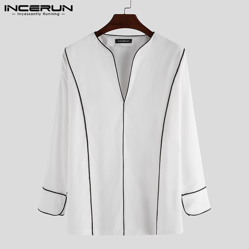 INCERUN Long Sleeve Loose Brand Shirts Men Casual Shirt Korean Chic V Neck Blouse Color-block Camisa Plus Size: XXXL