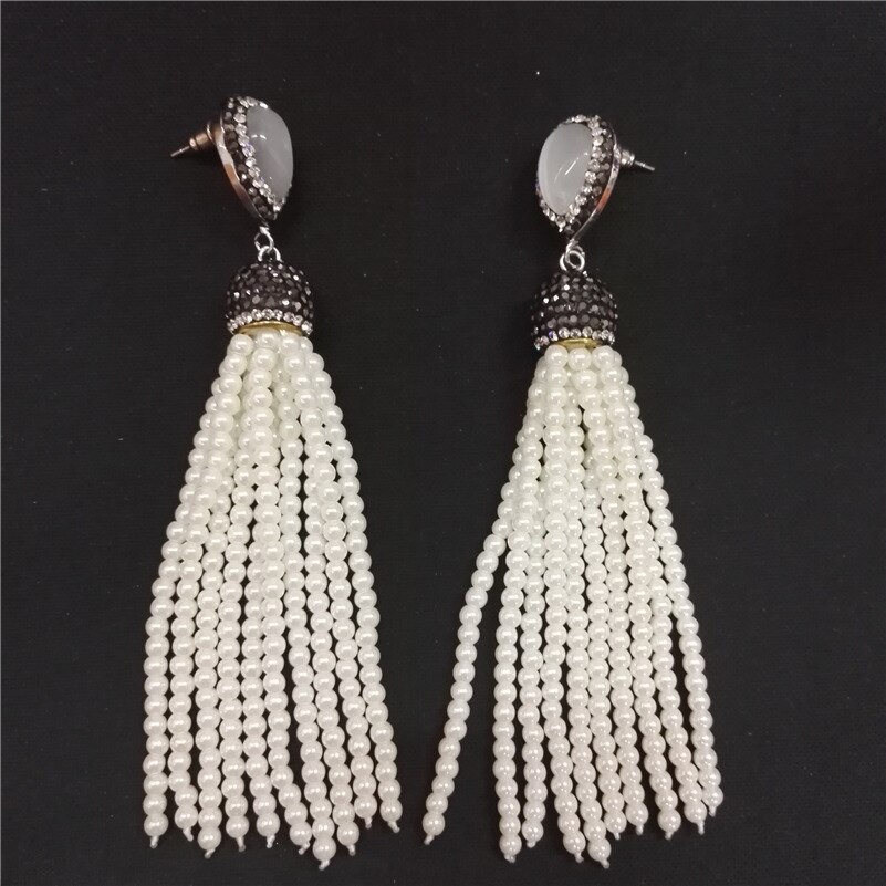 Bohemen Boho Pearl Sieraden Set Verstelbare Ring Pearl Bead Tassel Dangle Earring Connector Kwastje Ketting Charms Vrouwen: earring 1pair only