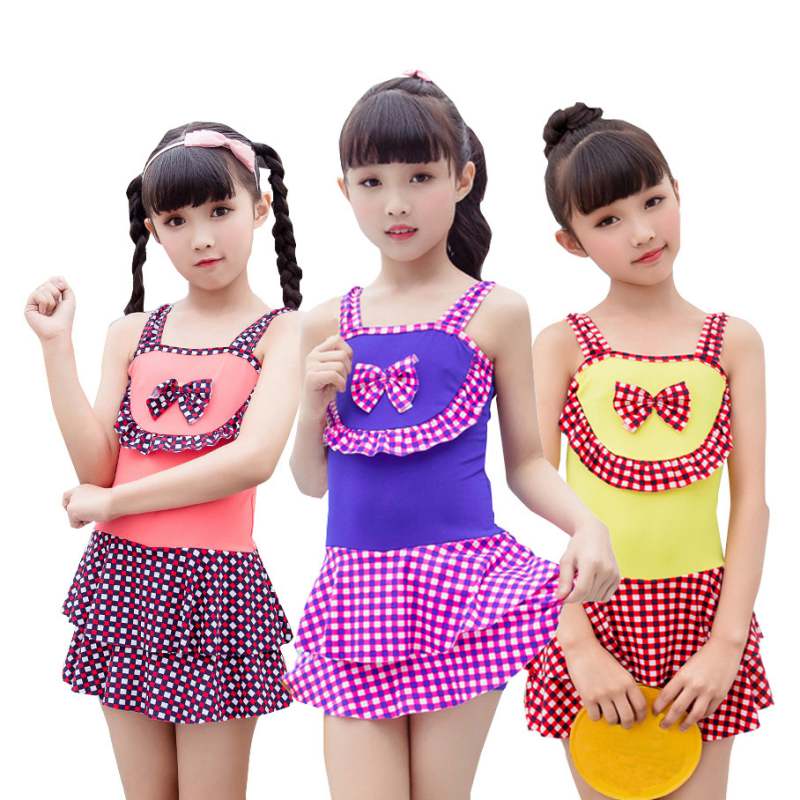 Children Girls Swimsuit Infant Toddler Girls One Piece Plaid Print Swimsuit With Bowknot Baby Girl Bathing Suit Swimwear