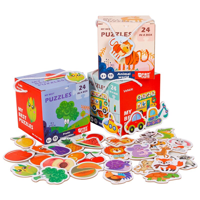 48 -teiliges kognitives frühförderpuzzle mit meerestieren, verkehrsmotiven und obstszene, tragbare box, yoys