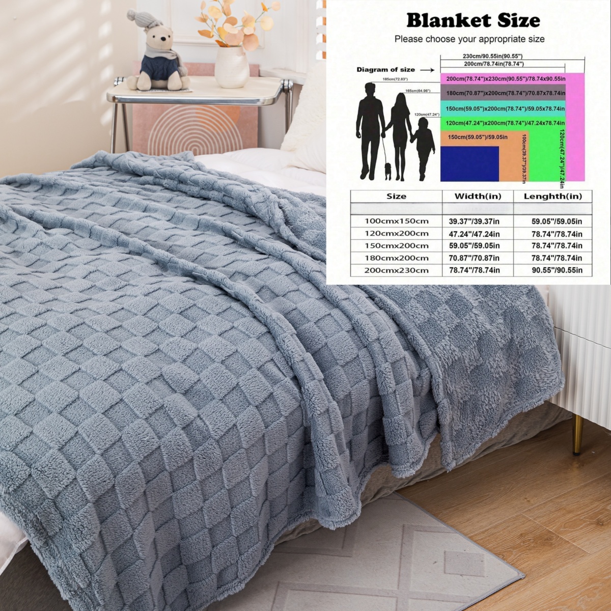 Coperta da tiro grigio pallido a quadretti in morbido mucchio di peluche - Coperta da divano da viaggio Boho accogliente per esterni a grandezza naturale, tiro con struttura cialda: 180x200cm / Blu