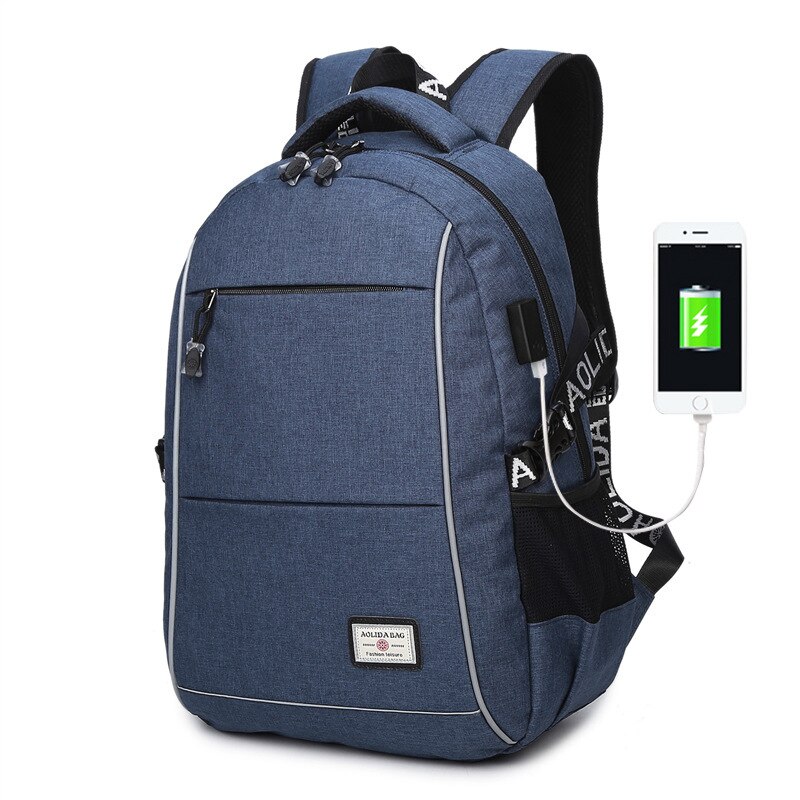 backpack male students bag Oxford waterproof USB charging backpack: blue